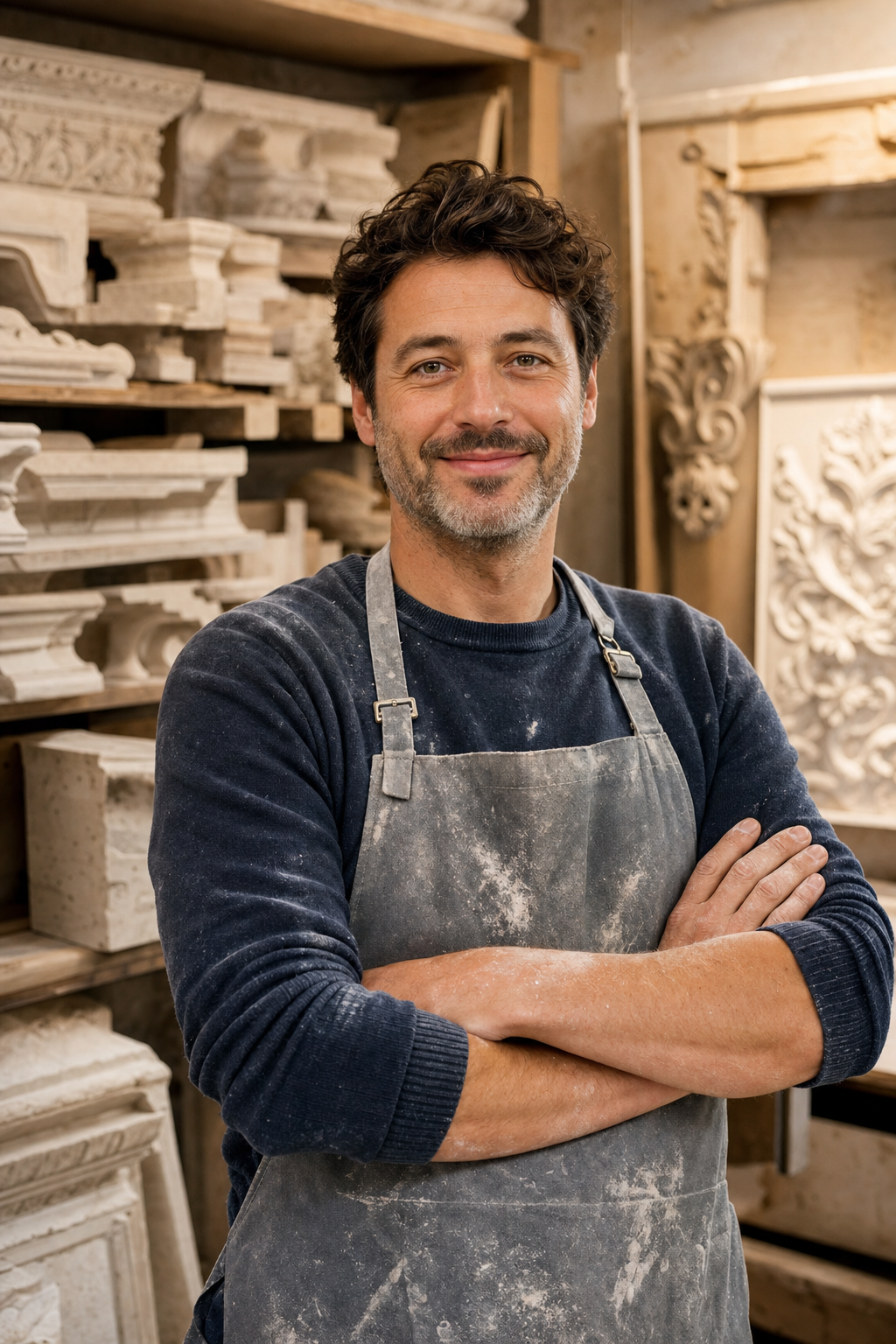 Hugo Gauthier, artisan plâtrier, souriant dans son atelier entouré de moules à corniches en plâtre