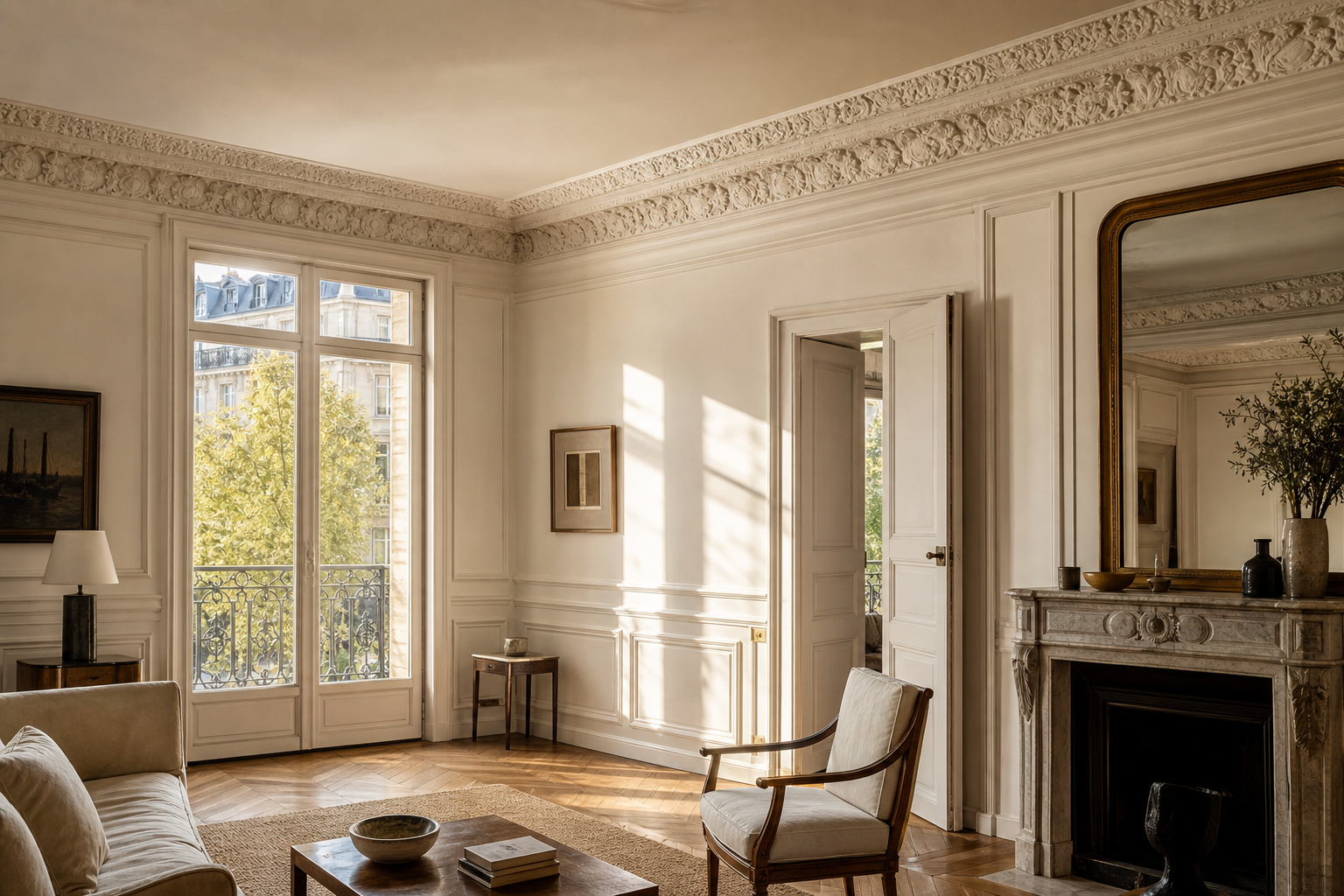 Salon lumineux avec corniche en plâtre moulée courant le long du plafond, mise en relief par une lumière rasante de fin de journée