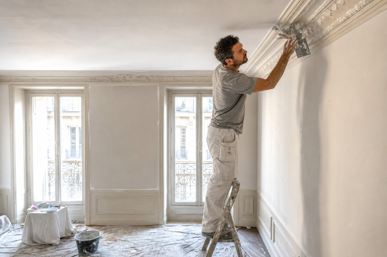Artisan posant une corniche en plâtre moulée sur un plafond à l'aide d'un rabot à profil