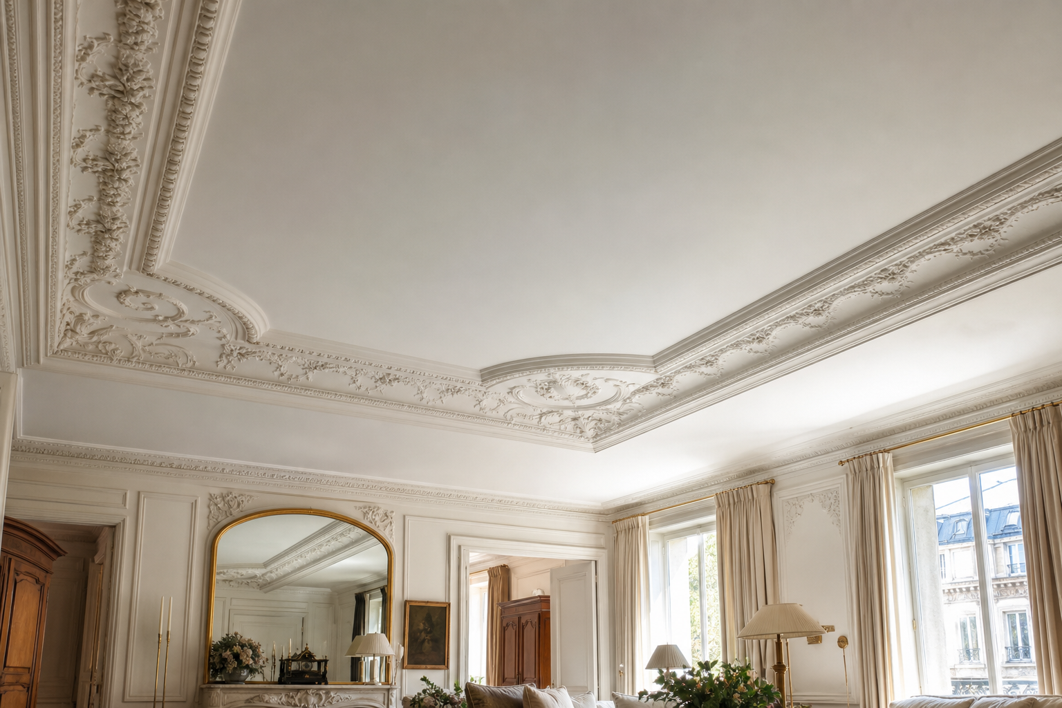 Plafond ancien orné de moulures en plâtre restaurées dans un salon bourgeois lumineux