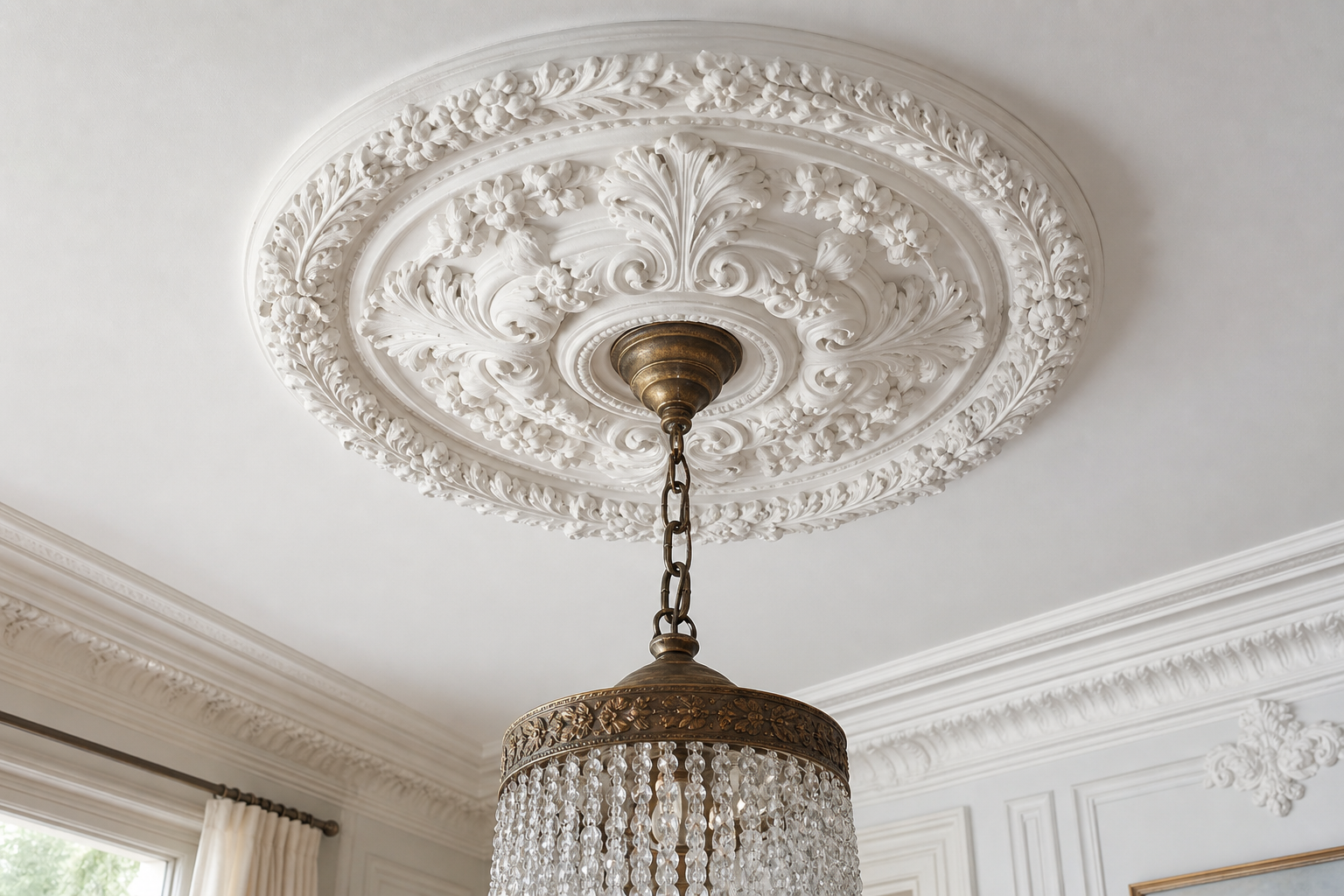Rosace de plafond en plâtre finement ouvragée autour d'un luminaire suspendu