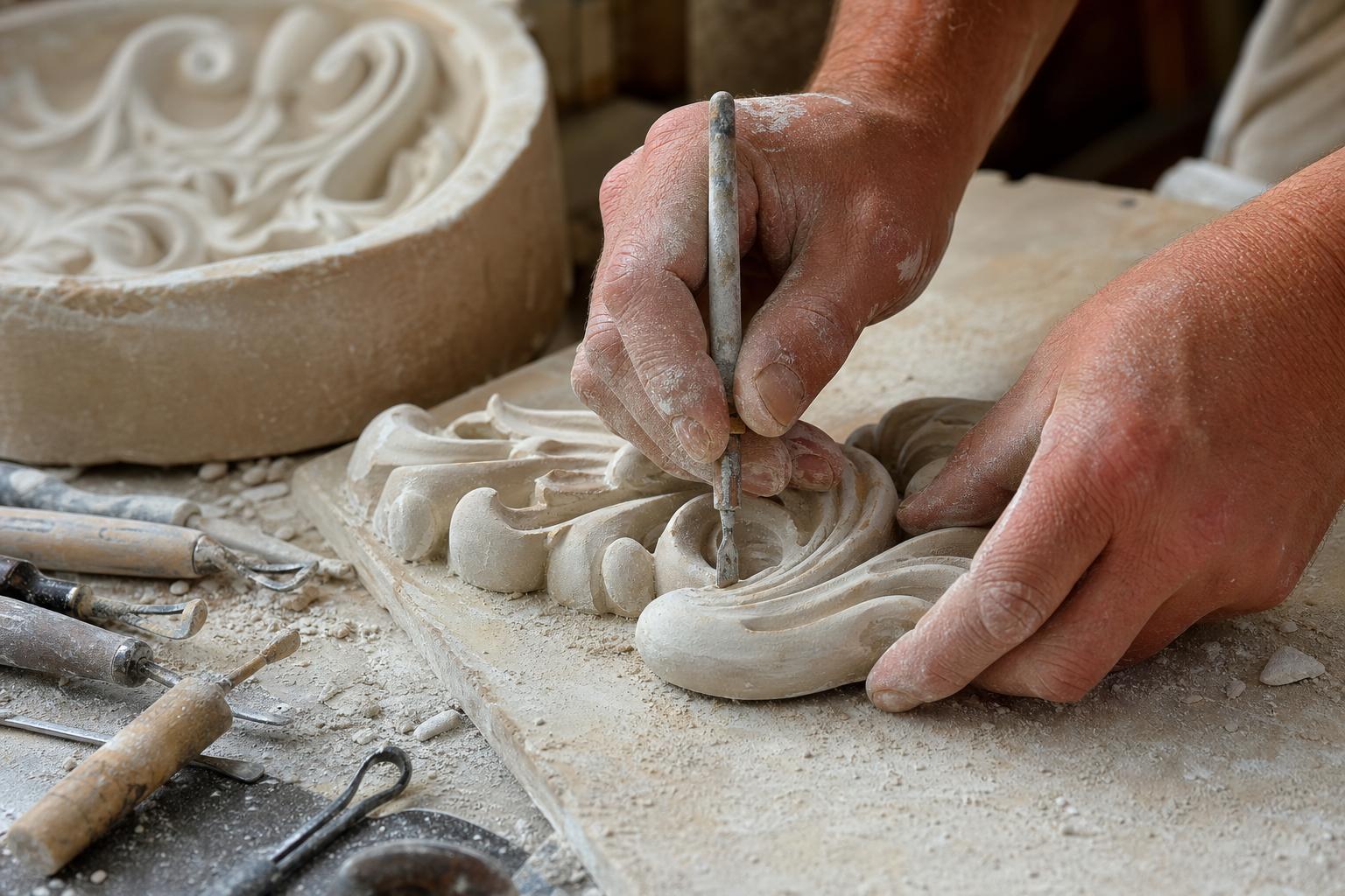 Mains d'un artisan sculptant un motif d'ornementation en staff sur un établi d'atelier